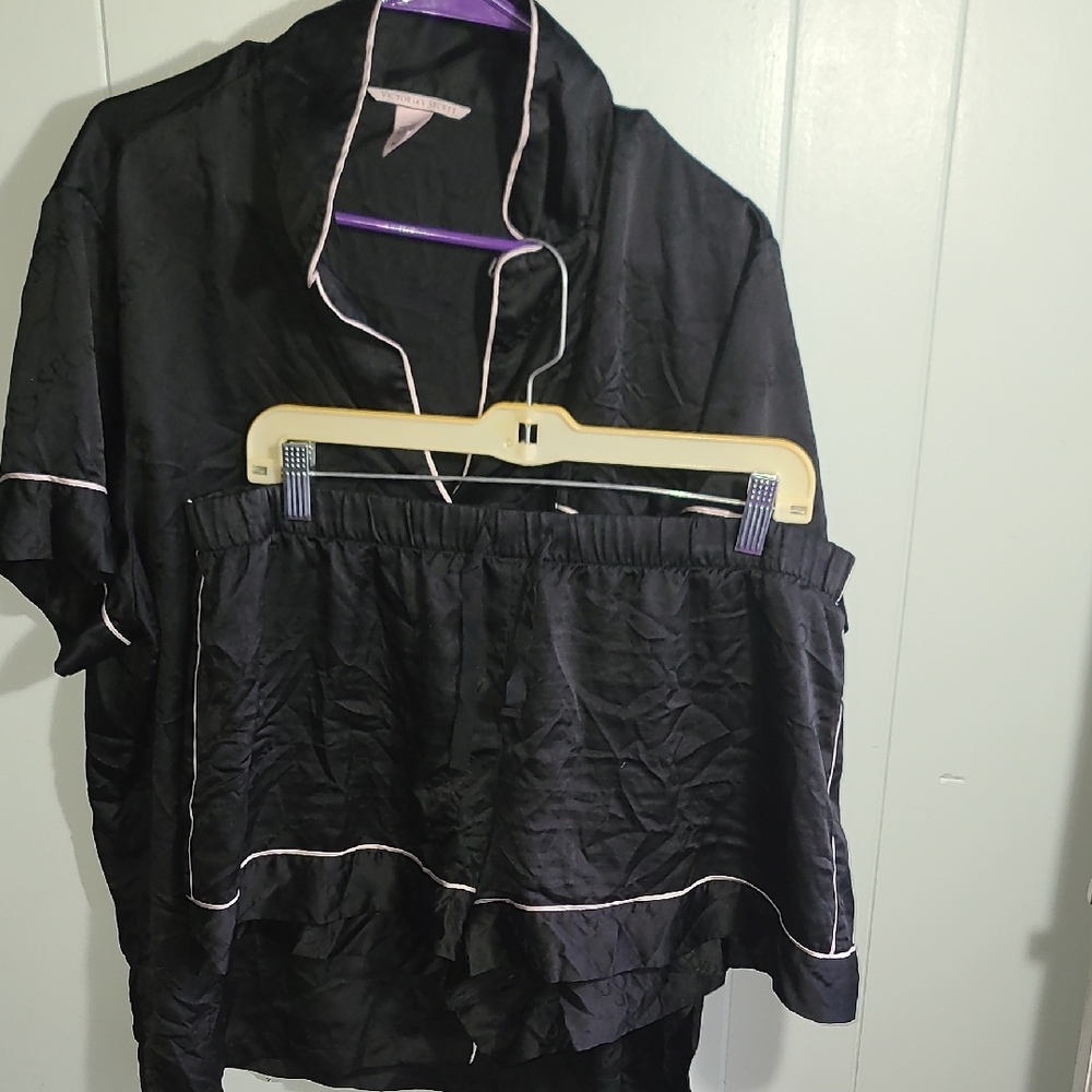 Black Satin Pajama Set with White Trim